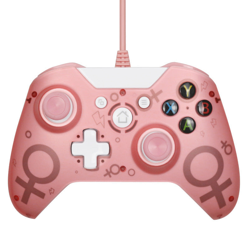 Pink gaming controller with symbols on a white background