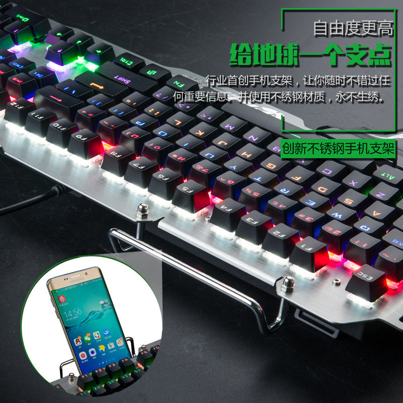 Keyboard with RGB lighting and a smartphone holder on a dark background