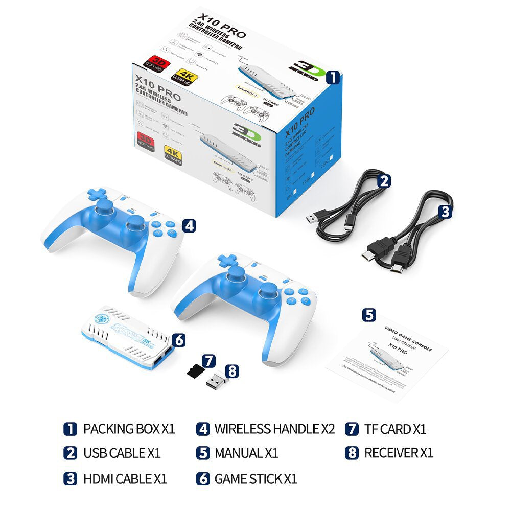 X10 PRO TV Retro Arcade Home Game Console Bundle: 1 Console, 1 Receiver, 1 Power Cable, 1 HDMI Cable, 2 Controllers, 2 Controller Faceplates, 1 Receiver