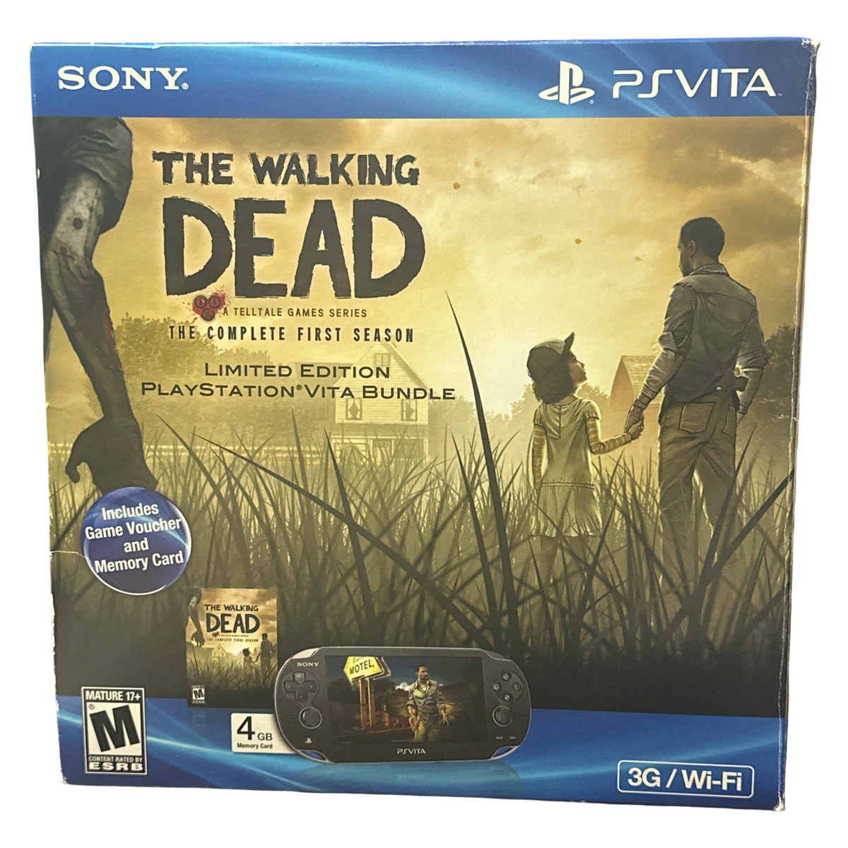 Sony PlayStation Vita bundle box for The Walking Dead Limited Edition, featuring PS Vita console artwork, game cover art, and bundle callouts on a white background.
