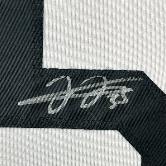 Framed Autographed/Signed Frank Thomas 35x39 Chicago Retro White Baseball Jersey JSA COA