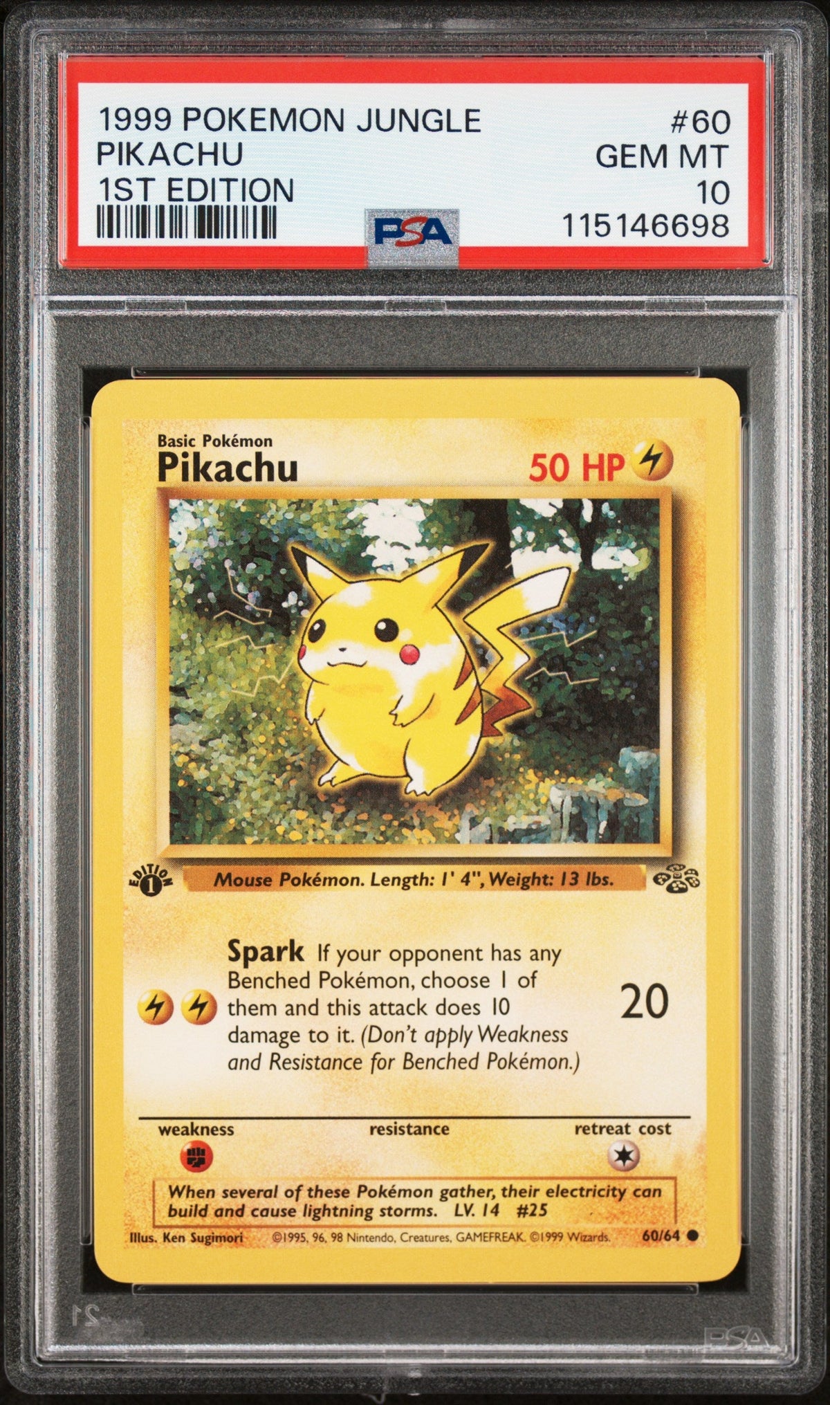 1999 Pokémon Jungle Pikachu trading card in a protective case with PSA grading label.