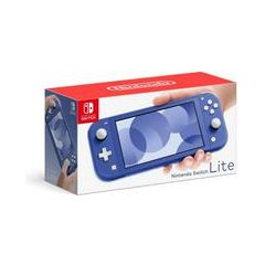Blue Nintendo Switch Lite console in a red and white box
