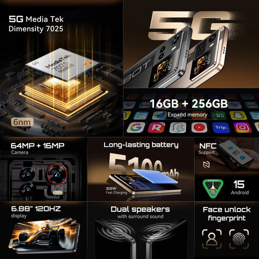5G Smartphone Android 15 – Dimensity 7025 Octa-Core, 6.88-inch 120Hz IPS, 16GB (8+8) RAM & 256GB, 64MP Triple Camera, 5100mAh 33W Fast Charge