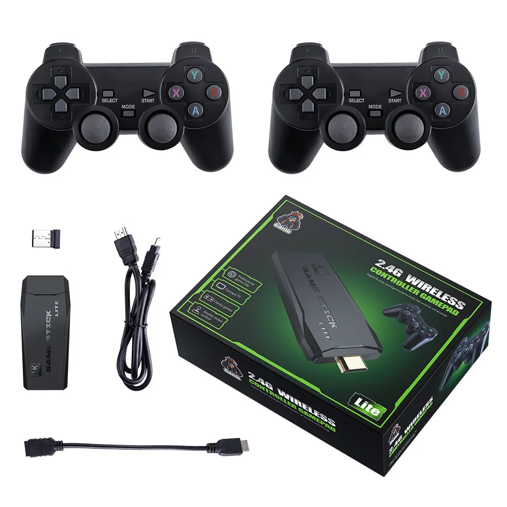 Two black gaming controllers, a wireless adapter, and its packaging on a white background.