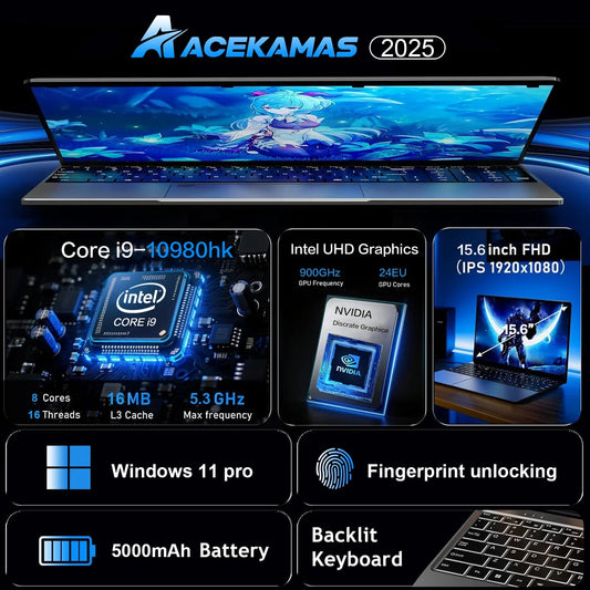 15.6-inch (39.6 cm) Gaming Laptop Intel Core i9 Windows 11 Pro 16GB DDR4 1TB SSD IPS FHD 1920x1080 Fingerprint Backlit Keyboard