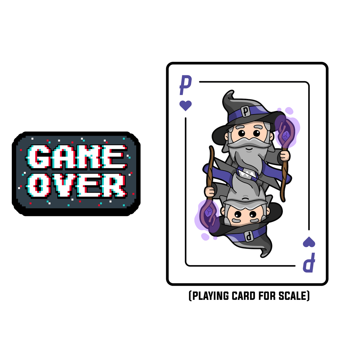 Cartoon wizard character on a playing card with 'Game Over' text and scale indicator.