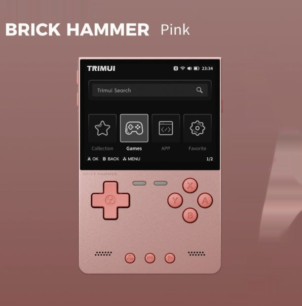 Pink handheld gaming console with Trimui interface on a brown background