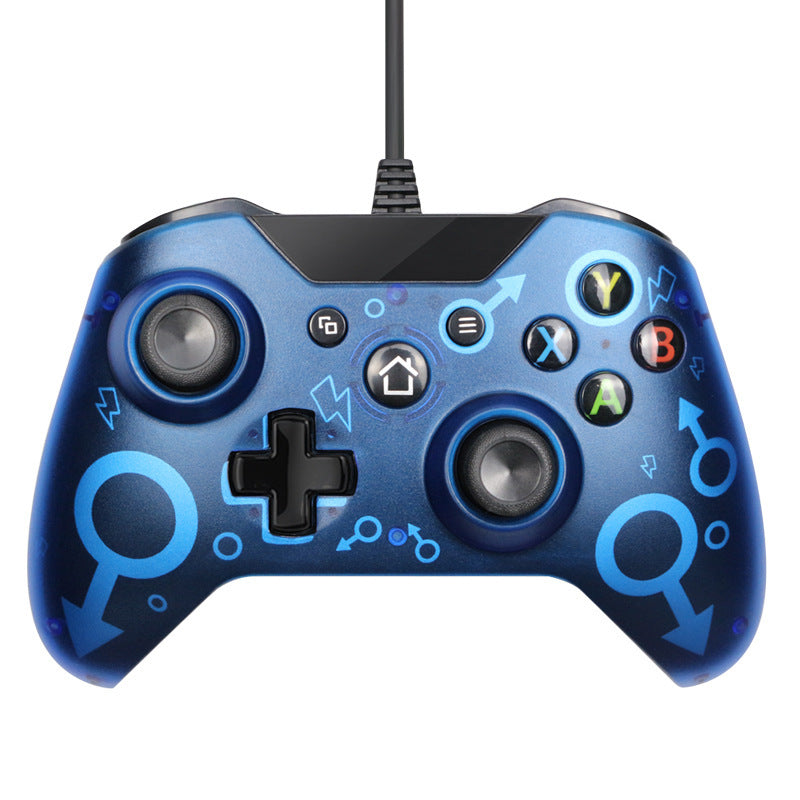 Blue gaming controller with symbols on a white background