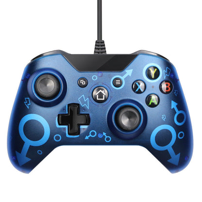Blue gaming controller with symbols on a white background