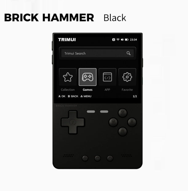 Black handheld device with gaming interface on a white background, branded 'BRICK HAMMER'.