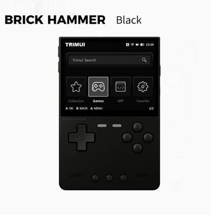 Black handheld device with gaming interface on a white background, branded 'BRICK HAMMER'.