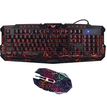 A black gaming keyboard and matching computer mouse set with red and multicolor crackle-style LED lighting, shown on a plain white background.