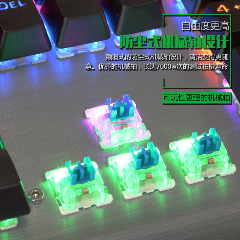 Close-up of mechanical keyboard switches with RGB lighting on a dark surface.