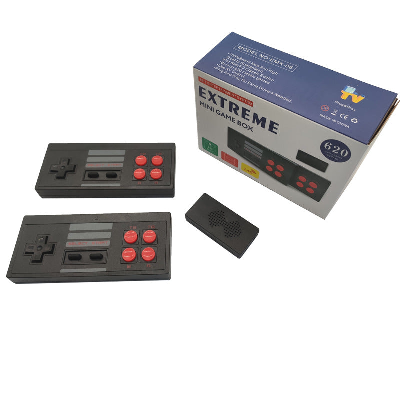 Two retro-style game controllers and their packaging on a white background