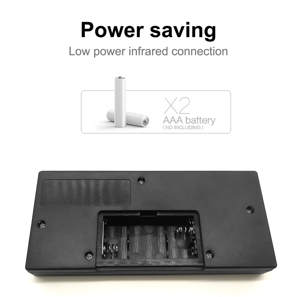 Black rectangular battery compartment cover with an open slot showing internal contacts, shown on a white background with text reading 'Power saving' and 'Low power infrared connection,' plus a small inset indicating two AAA batteries are not included.
