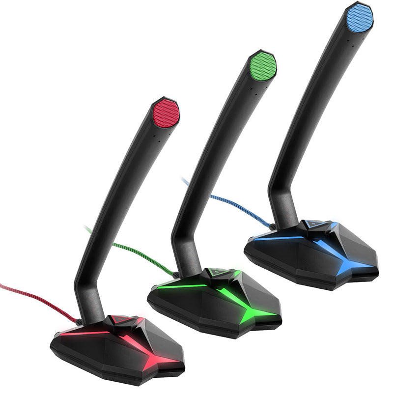 Three USB microphones with RGB lighting on a white background