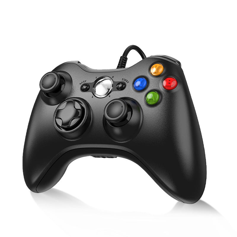 Black gaming controller with colored buttons on a white background. Wireless Wired Game Handle Double Vibration