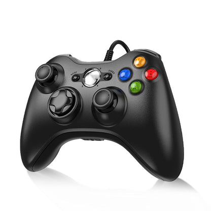 Black gaming controller with colored buttons on a white background. Wireless Wired Game Handle Double Vibration