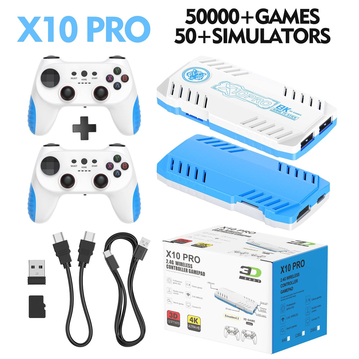 X10 PRO TV Retro Arcade Home Game Console Bundle: 1 Console, 1 Receiver, 1 Power Cable, 1 HDMI Cable, 2 Controllers, 2 Controller Faceplates, 1 Receiver
