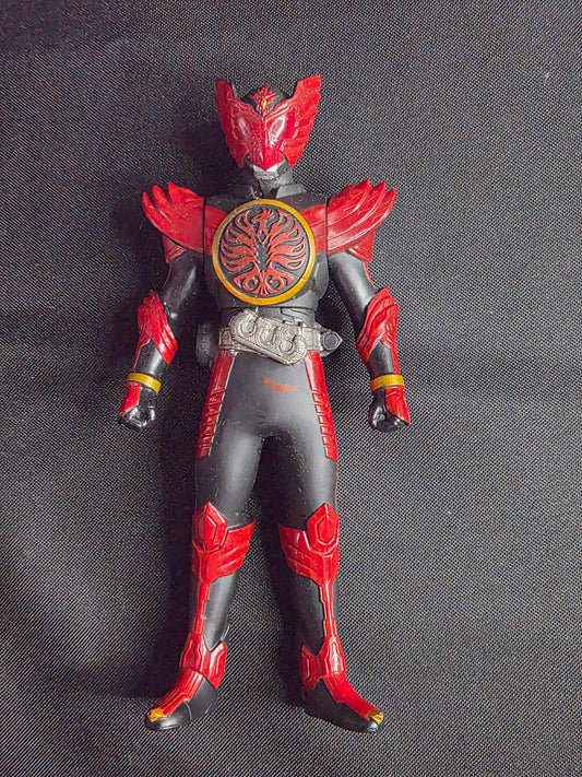Action figure with red and black armor on a dark textured background. 2010 Bandai Kamen Rider OOO Tajadoru Combo Sofubi Figure – 6.75" – Rider Hero Series – Japan Tokusatsu
