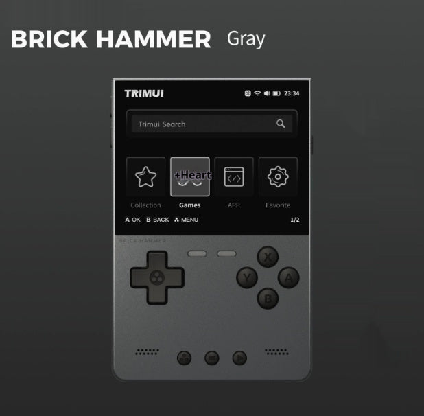 Gray handheld gaming device with TRIMUI interface on a dark background