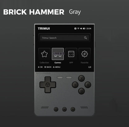 Gray handheld gaming device with TRIMUI interface on a dark background