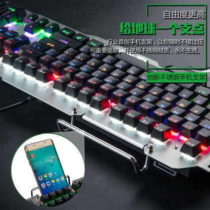 Keyboard with RGB lighting and a smartphone holder on a dark background