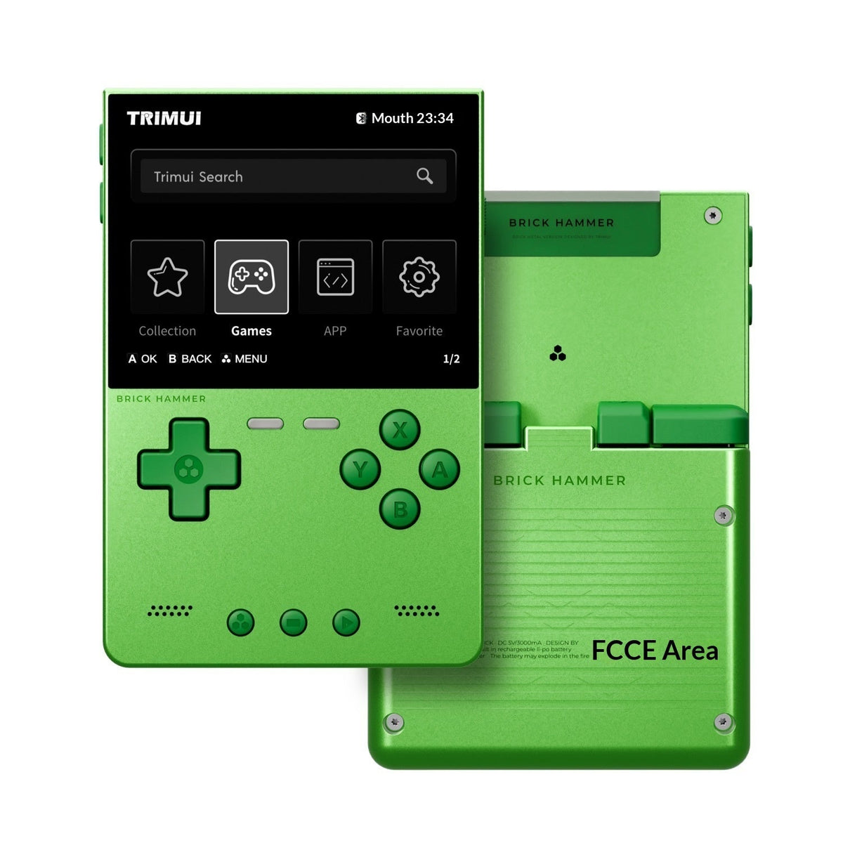 Green handheld device with screen and buttons, branded 'TRIMUI'.