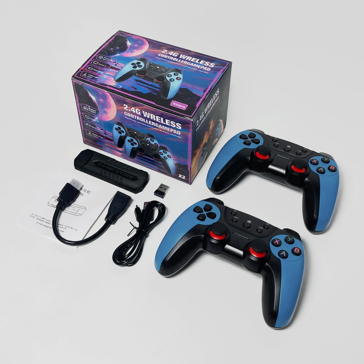 Two gaming controllers with accessories and packaging on a light gray background