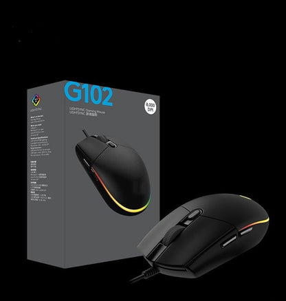 Gaming mouse with G102 packaging on a black background