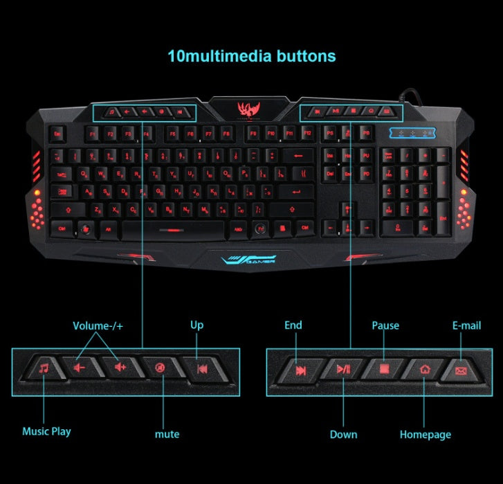 Gaming keyboard with multimedia buttons on a black background