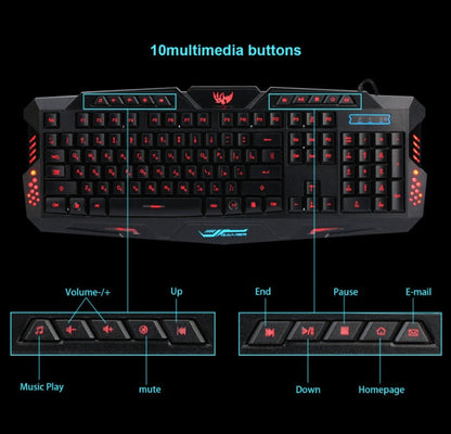 Gaming keyboard with multimedia buttons on a black background