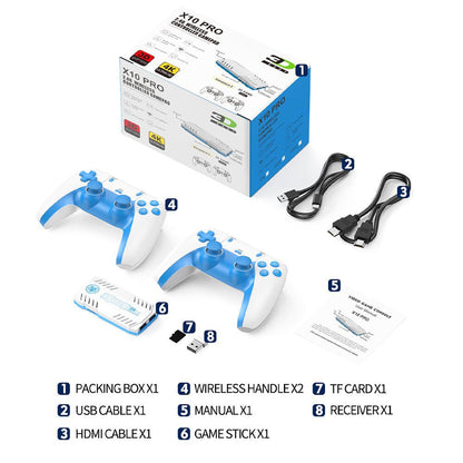 X10 PRO TV Retro Arcade Home Game Console Bundle: 1 Console, 1 Receiver, 1 Power Cable, 1 HDMI Cable, 2 Controllers, 2 Controller Faceplates, 1 Receiver