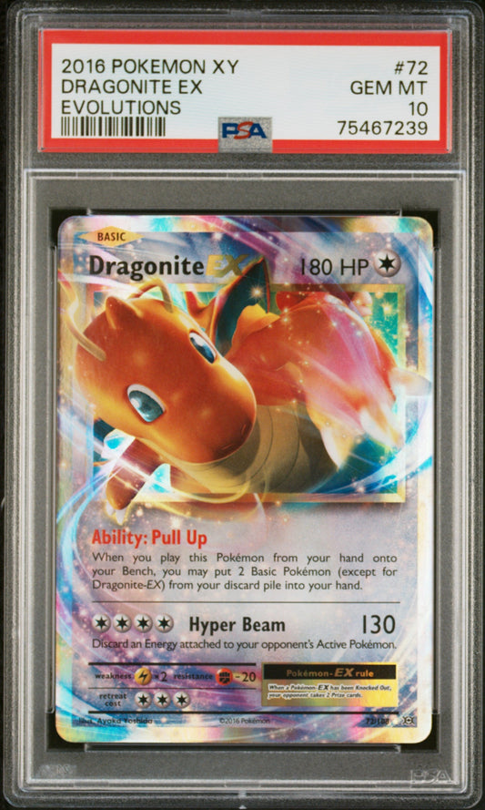 Graded 2016 PKM Xy Evolutions #72 Dragonite Ex Evolutions Trading Card Game PSA 10 Gem Mint