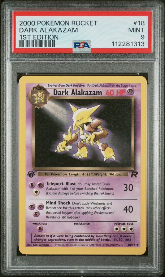 Graded 2000 PKM Rocket #18 Dark Alakazam 1st Edition Trading Card Game PSA 9 Mint