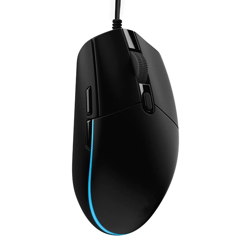 Black gaming mouse with blue light on a white background