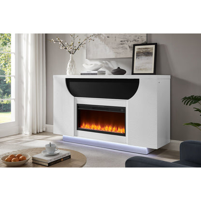 Modern living room with a white electric fireplace console.