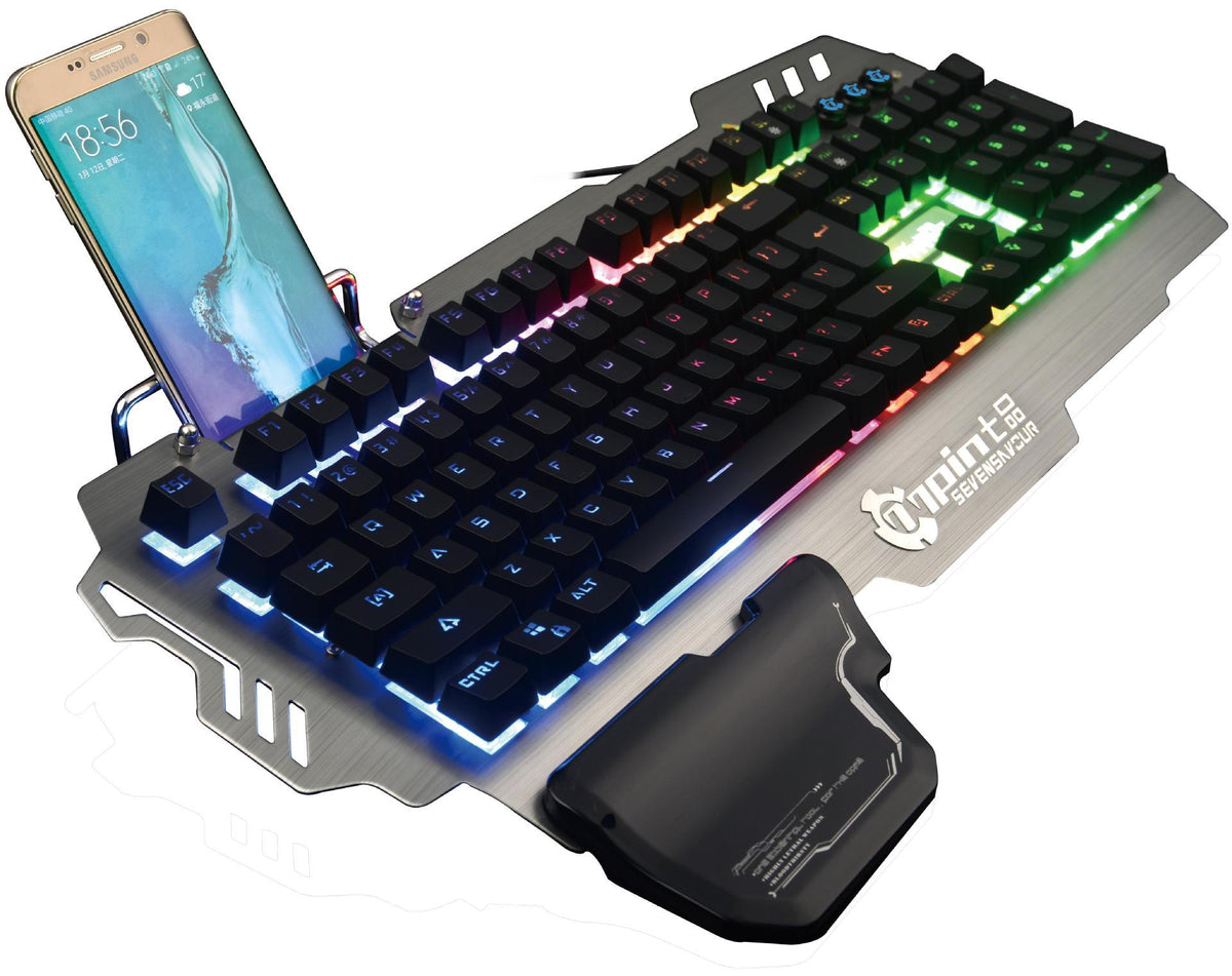 Gaming keyboard with RGB lighting, phone stand, and wrist rest on a white background