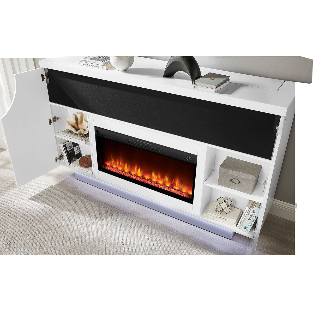 White entertainment console with electric fireplace and bookshelves.