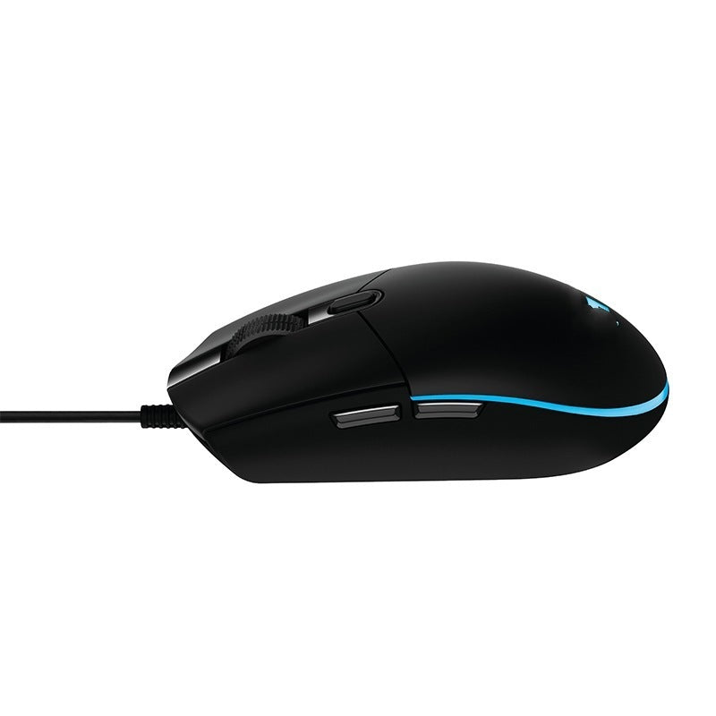 Black gaming mouse with blue light on a white background