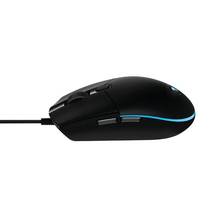 Black gaming mouse with blue light on a white background