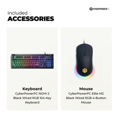Gaming keyboard and mouse with CyberPowerPC branding on a white background