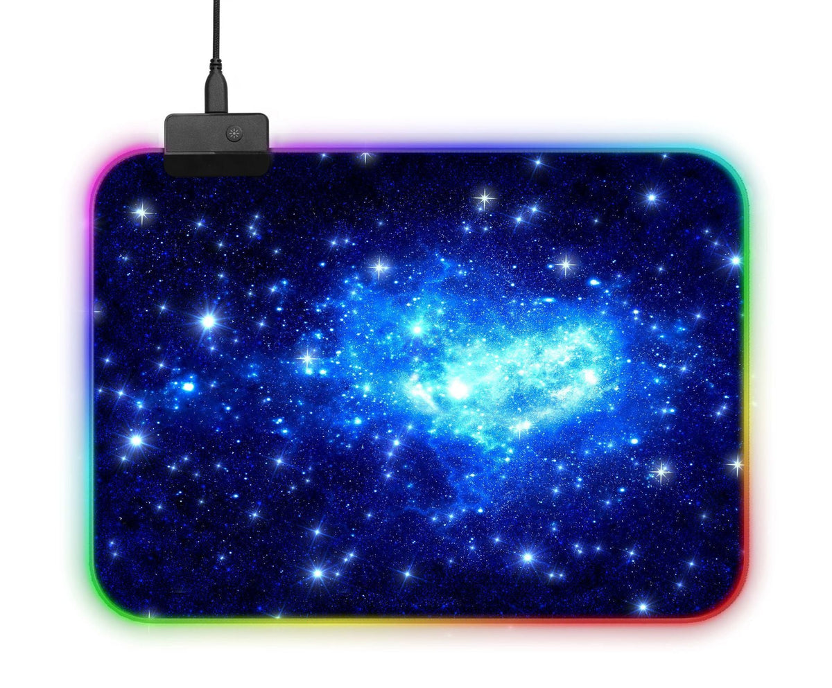Mouse pad with galaxy design and LED lighting on a white background. Gaming Mouse Pad