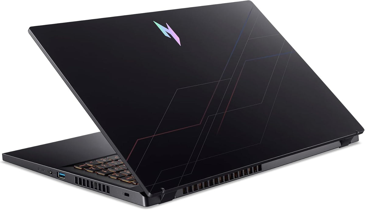 Black gaming laptop with a distinctive logo on the lid, on a white background