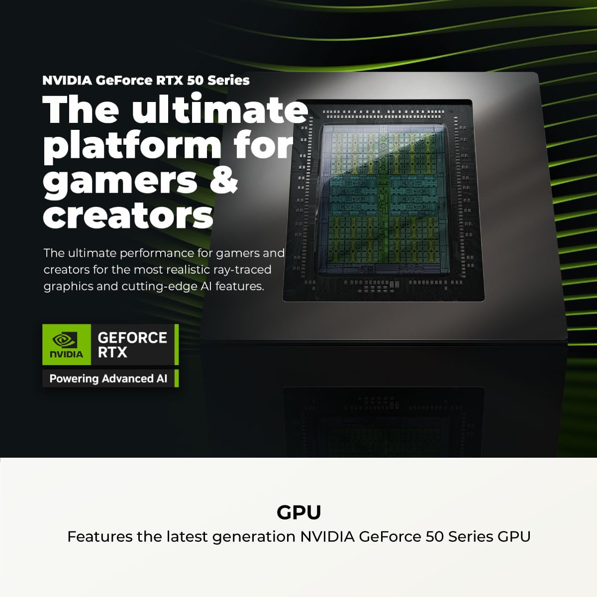 NVIDIA GeForce RTX GPU advertisement with text about performance for gamers and creators.