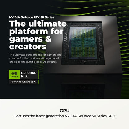 NVIDIA GeForce RTX GPU advertisement with text about performance for gamers and creators.