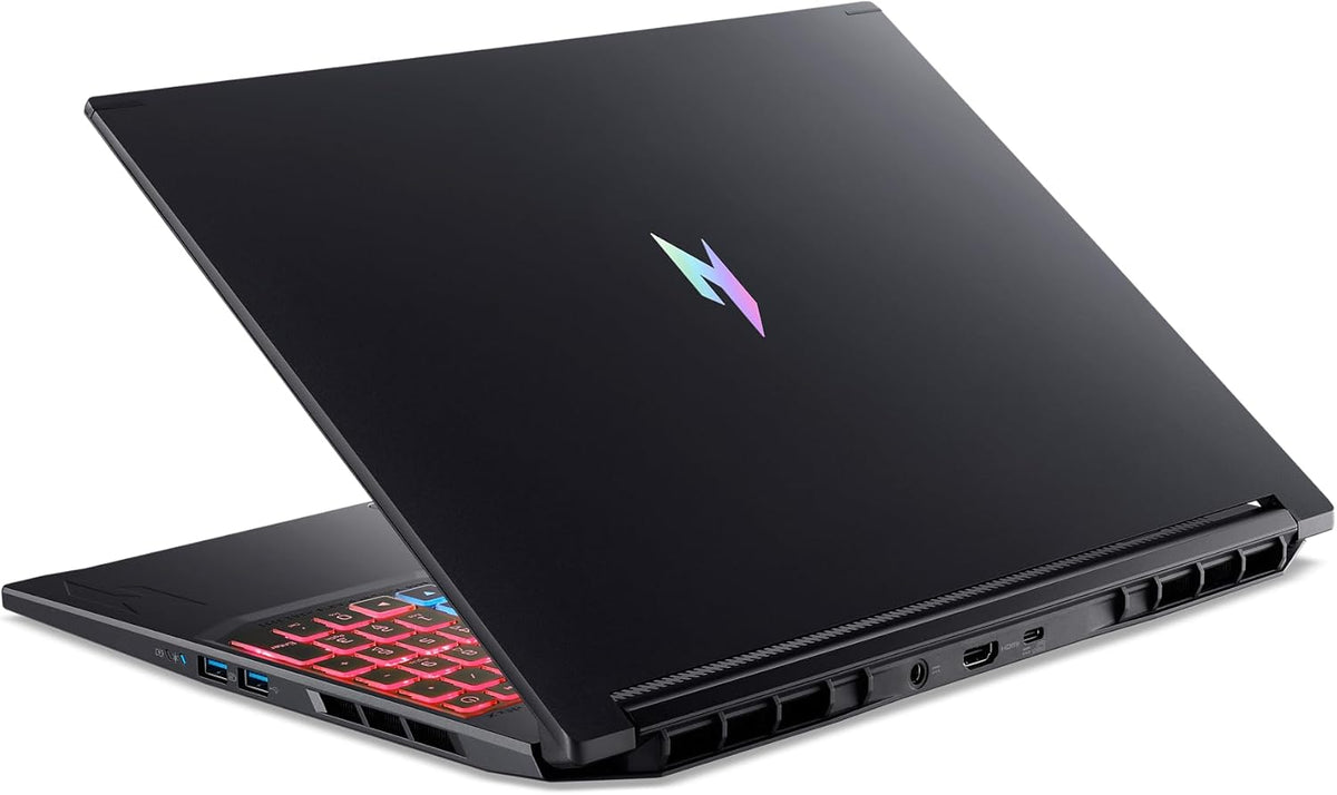 Black gaming laptop with visible brand logo on a white background