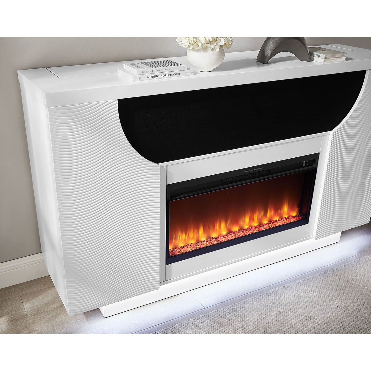 White electric fireplace with wavy texture and glowing interior