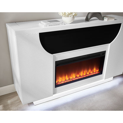 White electric fireplace with wavy texture and glowing interior